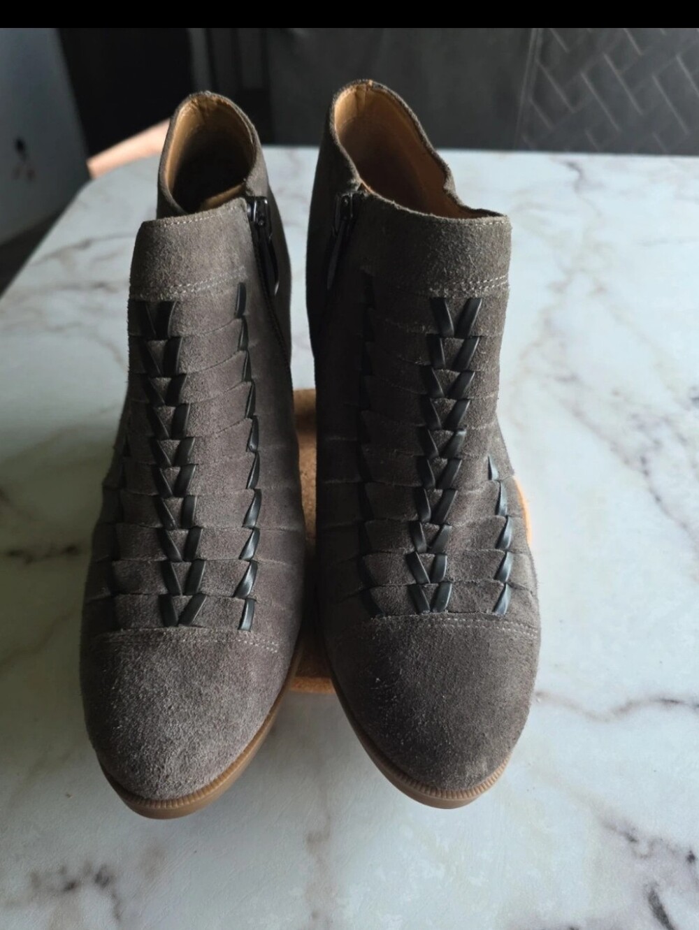 Franco Sarto Women's Taupe Suede Woven Ankle Booties Side Zip Size 7